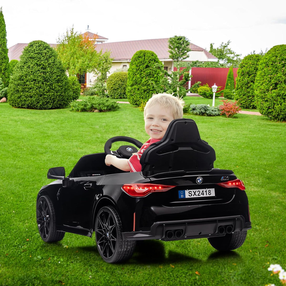 12V Licensed BMW M4 Ride-On Electric Car with Remote Control, 3 Speeds, LED Lights, Music, USB, Adjustable Seat Belt