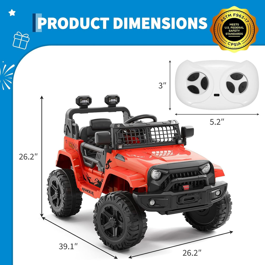12V Electric Ride On Car with Remote Control, Off Road Ride On Vehicle with Bluetooth, LED Lights, Spring Suspension, Adjustable Seat Belt, All Terrain Tires, 61 lbs Capacity