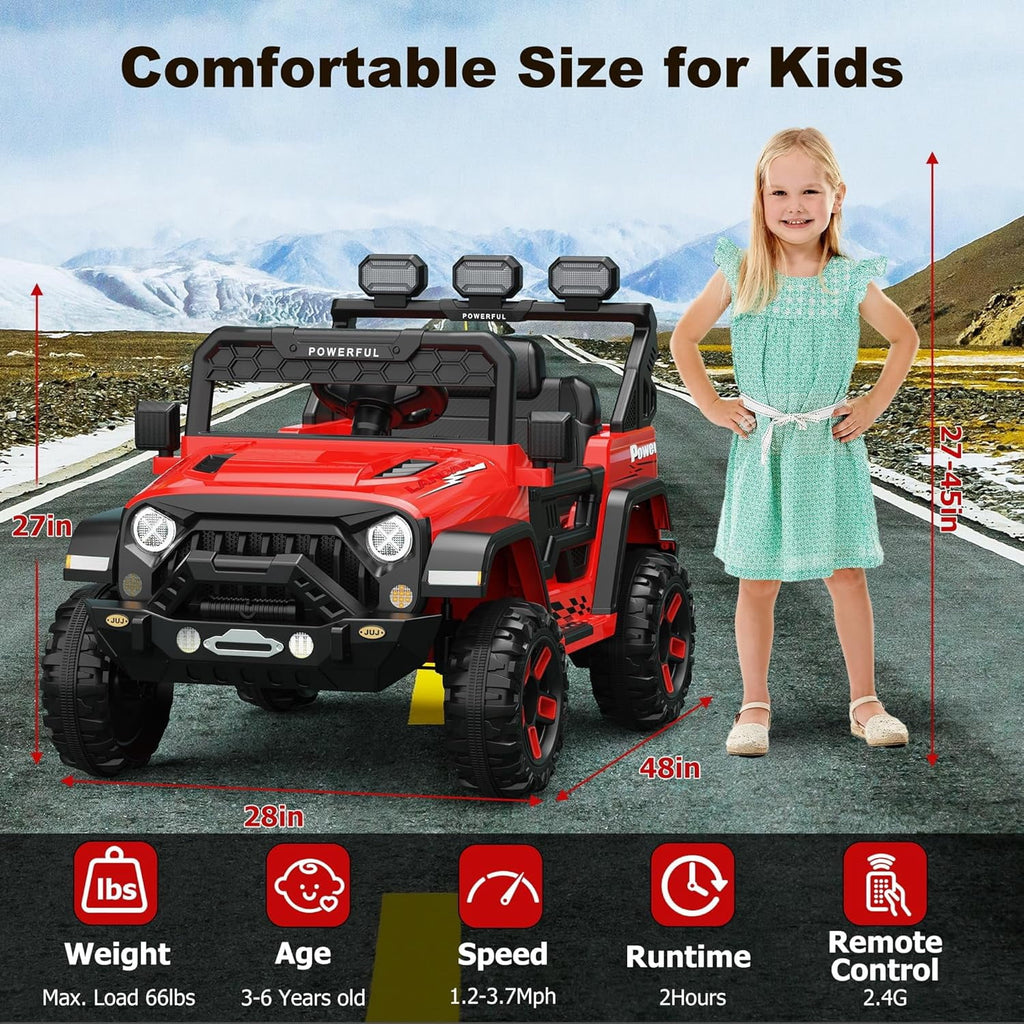 12V Ride-On Truck Car, 7Ah Battery, Parent Remote Control, 3 Speeds Up to 3.7 MPH, Soft Start, LED Lights, Bluetooth, USB, AUX, MP3, 66 Lbs