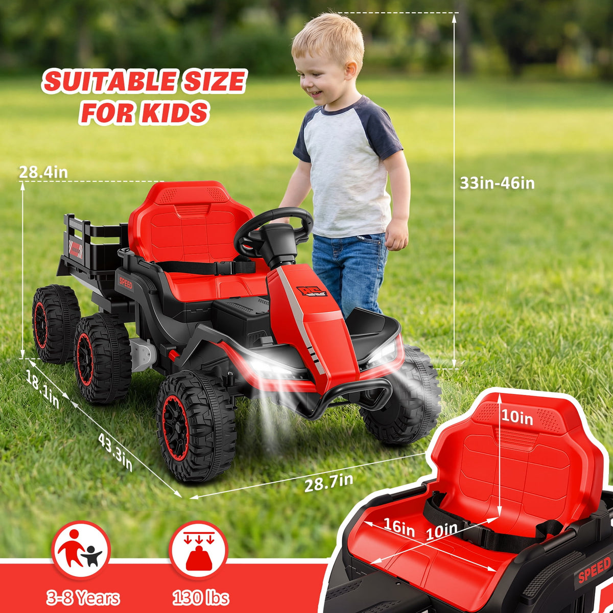 Farmdex 24 Volt Ride on Toys with Remote Control, 7AH Battery Ride on Cars, 4 Wheeler Quad ATV, Electric Car for Kids w/ Bluetooth, Music, Battery Display, LED Light Control, 5 MPH, Red