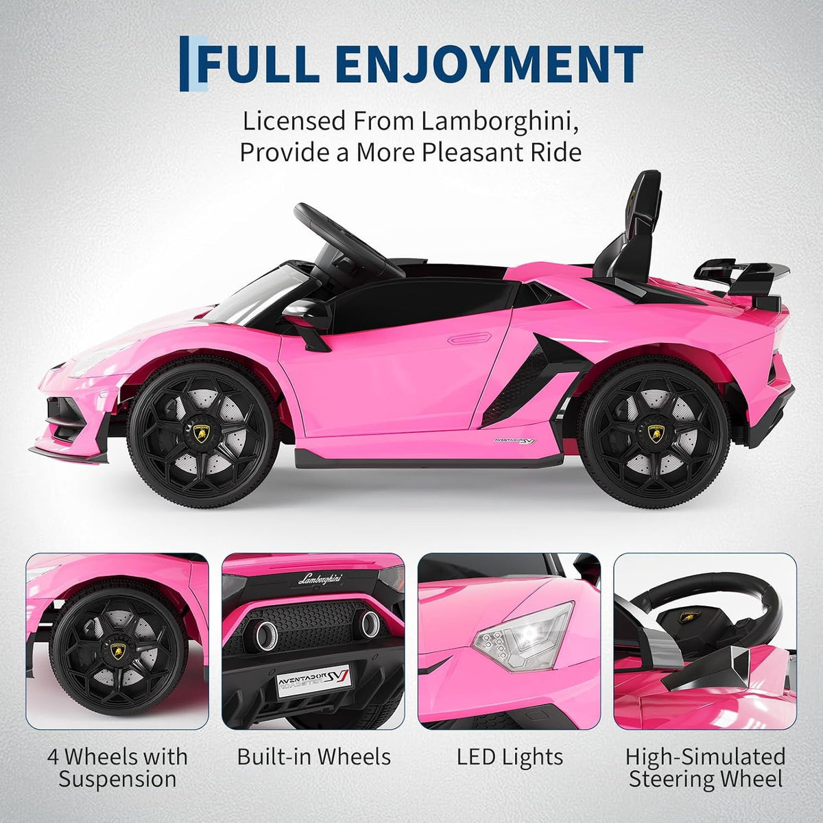 12V Licensed Lamborghini Ride-On Car with Remote Control, LED Lights, Engine Sounds, Bluetooth & USB, Battery Powered Electric Vehicle, Gift Toy for Ages 3-6,Pink