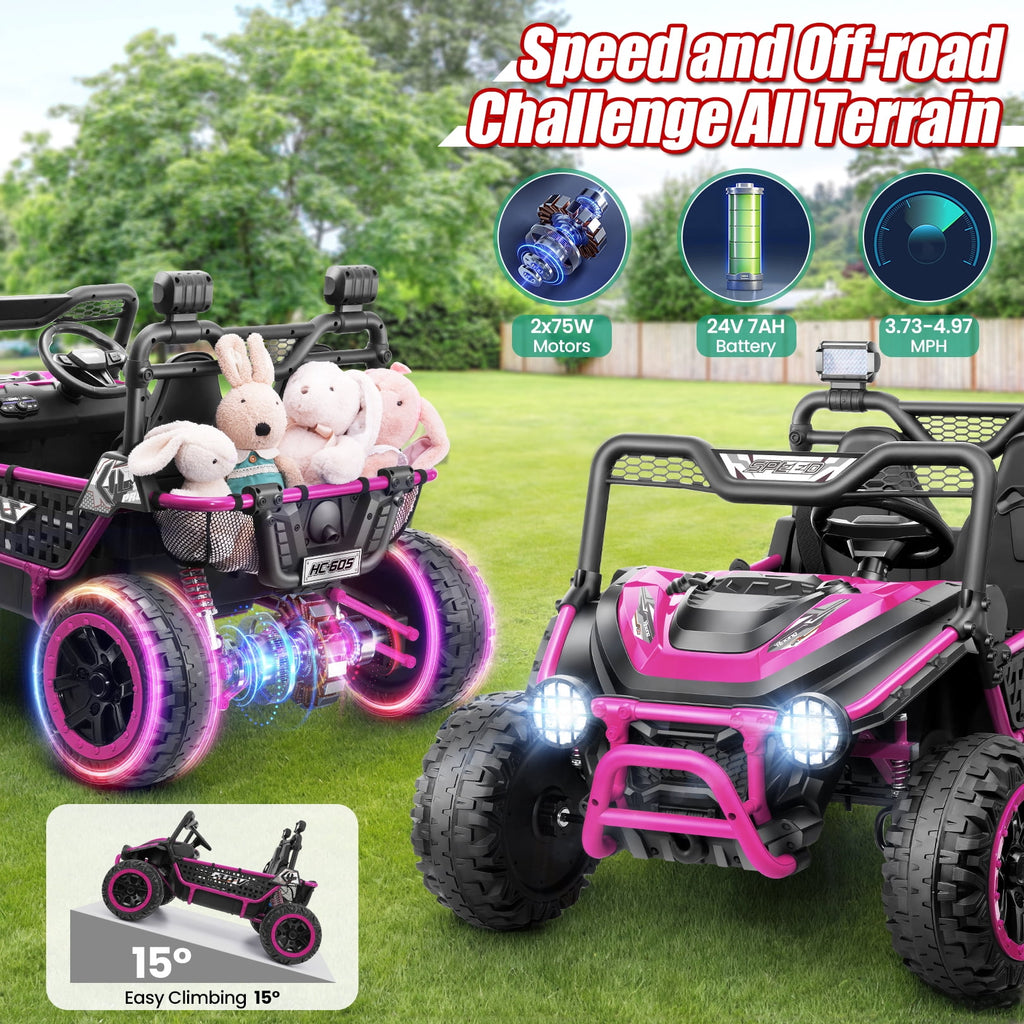 VIBESPARK XXL 24V Ride on Toys for Big Kids Ages 3-8, Key Start Metal Frame UTV with Power Display, 7AH Ride on Cars w/ 150W Motors, Bluetooth, Volume Knob, Safety Belt, Max 5mph, Pink