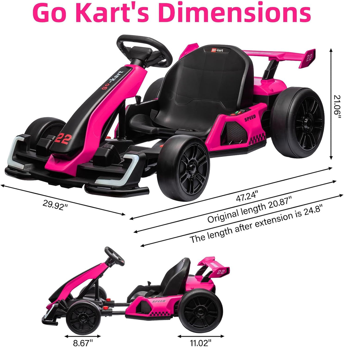 24V Electric Drift Go Kart, Dual 300W Motor Racing Car with Drift & Sport Modes, Adjustable Length, LED Lights, EVA Tires, Up to 8.5MPH, Outdoor Ride On Racing Kart,Rose Red