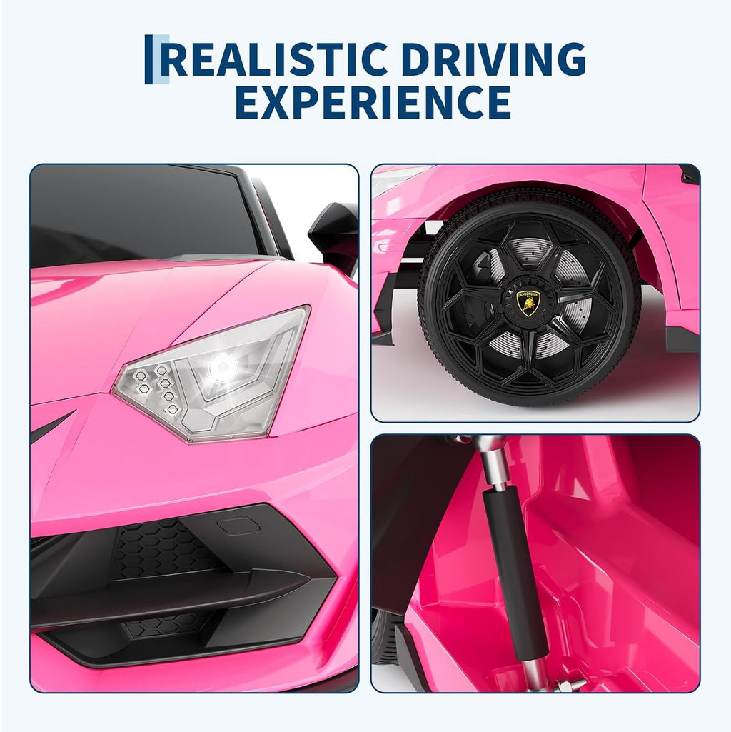 12V Licensed Lamborghini Ride-On Car with Remote Control, LED Lights, Engine Sounds, Bluetooth & USB, Battery Powered Electric Vehicle, Gift Toy for Ages 3-6,Pink