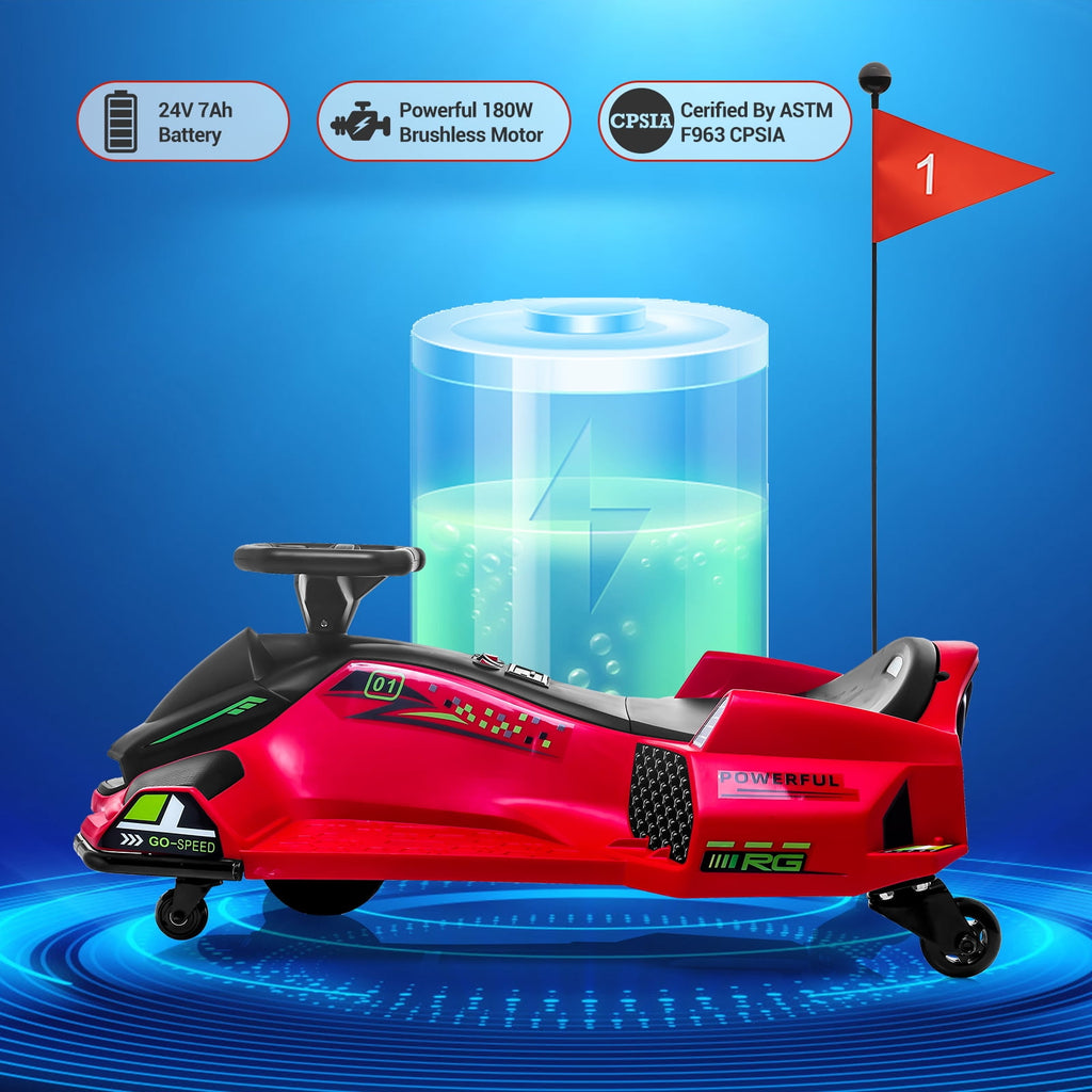 Ride On Drift Kart, Go Kart, Electric Go Kart 24V Drift Kart - 180W Brushless Motor, 7.5 mph Variable Speed, LED Light, Soft Start Battery Powered for Kids 8-12