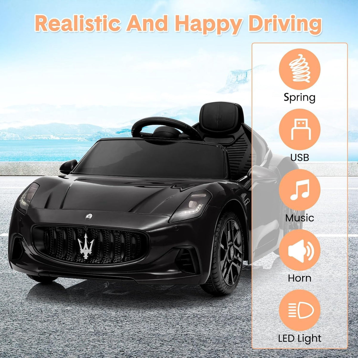 12V Licensed Maserati Ride-On Electric Car, Remote Control, 4.5Ah Battery, LED Lights, Spring Suspension, Double Doors, USB, FM Radio, 2-3 MPH
