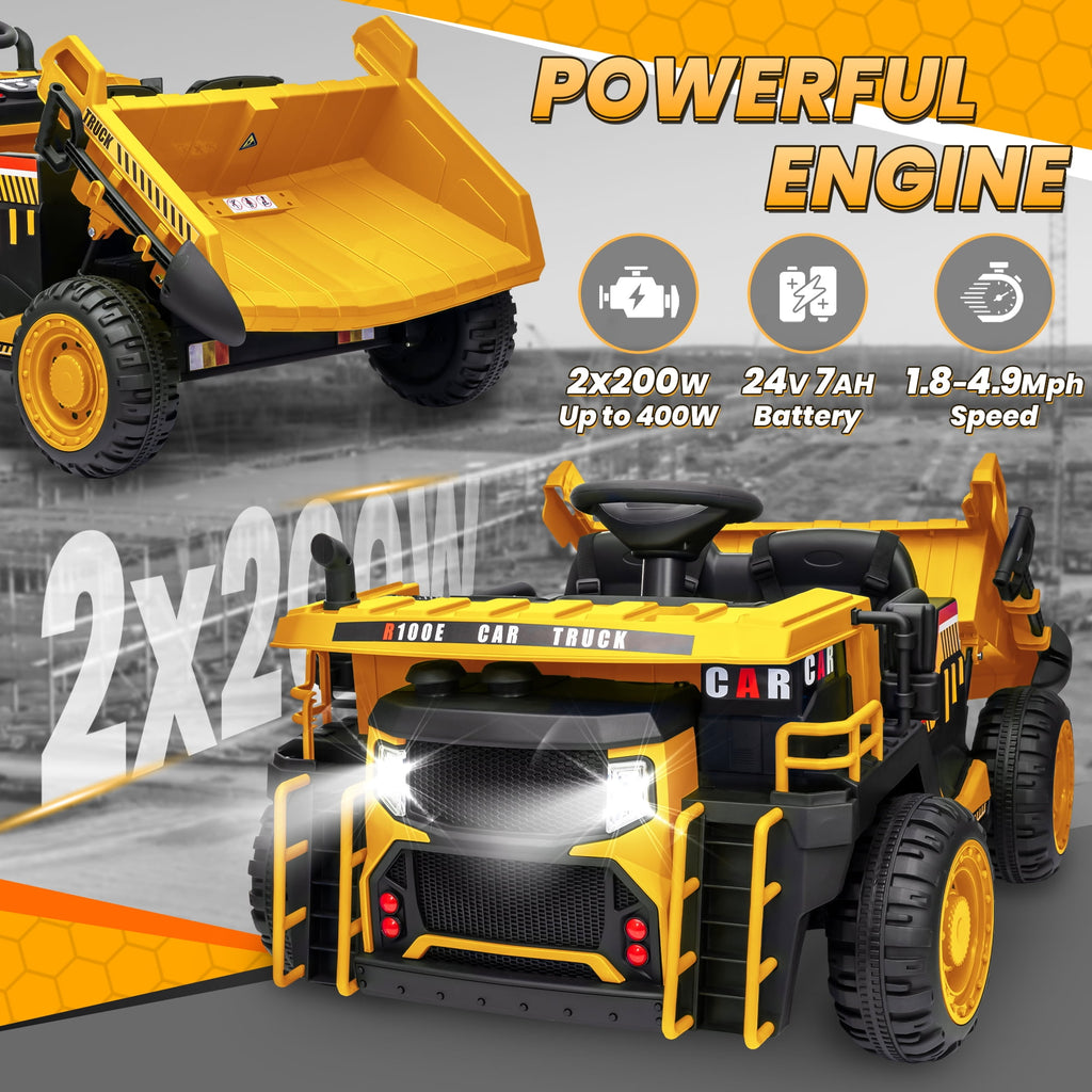 Funride 24V Ride on Toys 2 Seater Ride on Dump Truck w/ Remote Control w/ Dump Bed, 3 Speeds, Shovel, Bluetooth/Music, Big Kids, Yellow