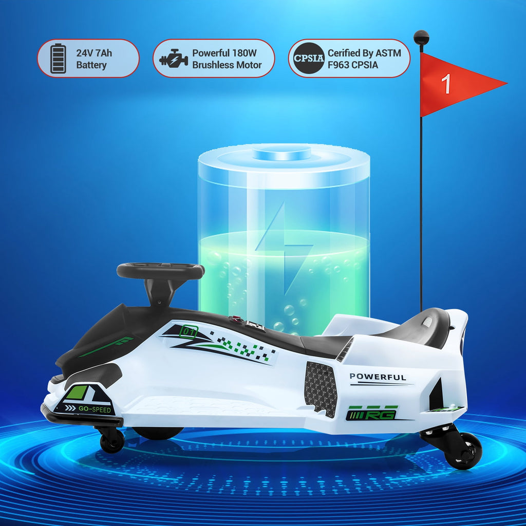 Ride On Drift Kart, Go Kart, Electric Go Kart 24V Drift Kart - 180W Brushless Motor, 7.5 mph Variable Speed, LED Light, Soft Start Battery Powered for Kids 8-12