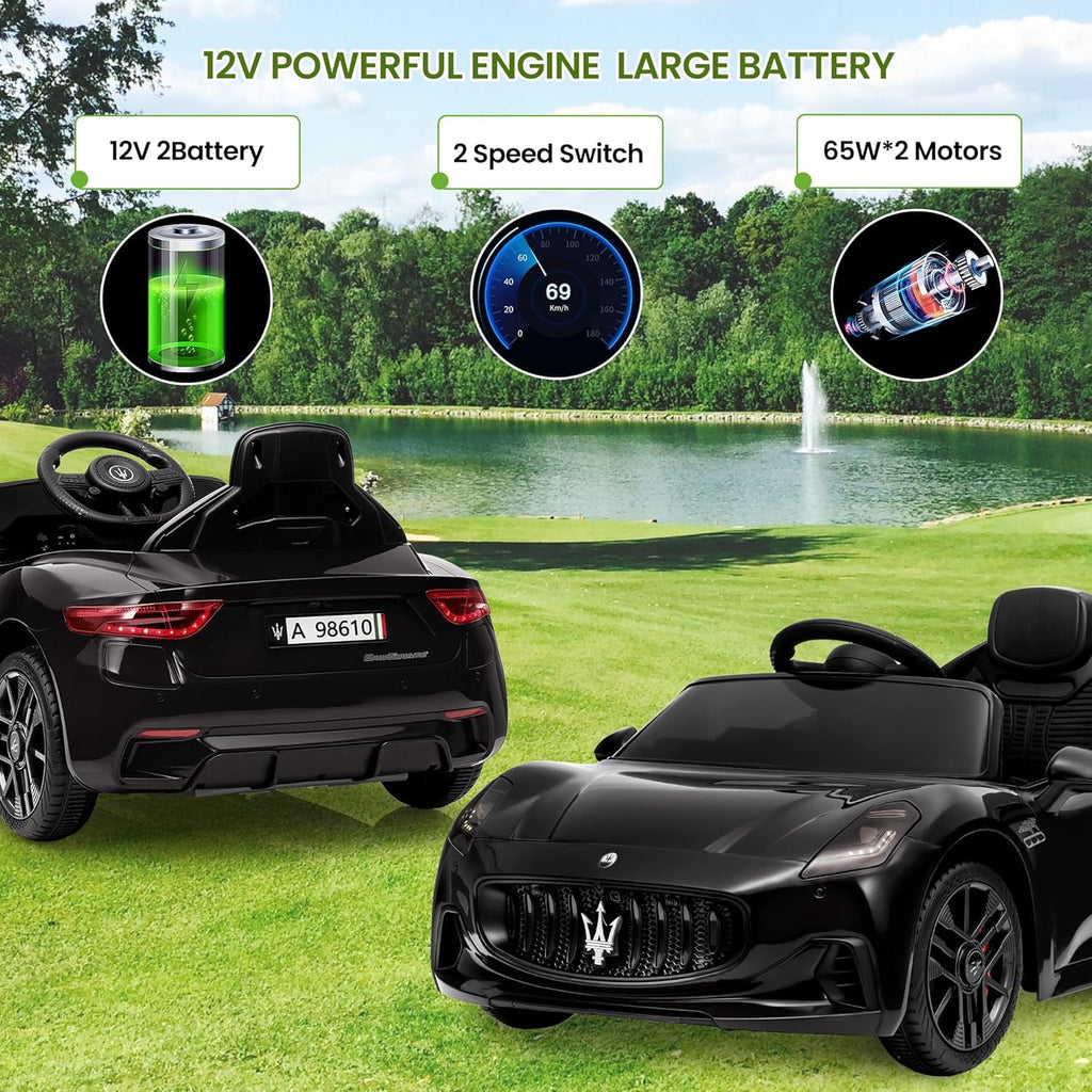 12V Licensed Maserati Ride-On Electric Car, Remote Control, 4.5Ah Battery, LED Lights, Spring Suspension, Double Doors, USB, FM Radio, 2-3 MPH