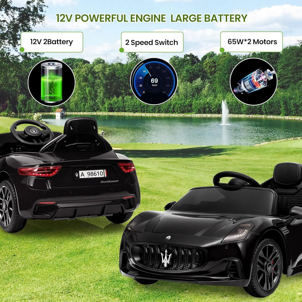 12V Licensed Maserati Ride-On Electric Car, Remote Control, 4.5Ah Battery, LED Lights, Spring Suspension, Double Doors, USB, FM Radio, 2-3 MPH