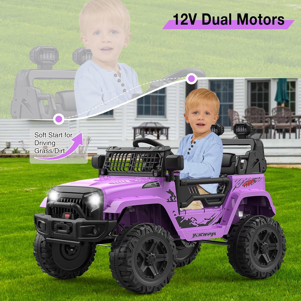 12V Electric Ride On Car with Remote Control, Off Road Ride On Vehicle with Bluetooth, LED Lights, Spring Suspension, Adjustable Seat Belt, All Terrain Tires, 61 lbs Capacity
