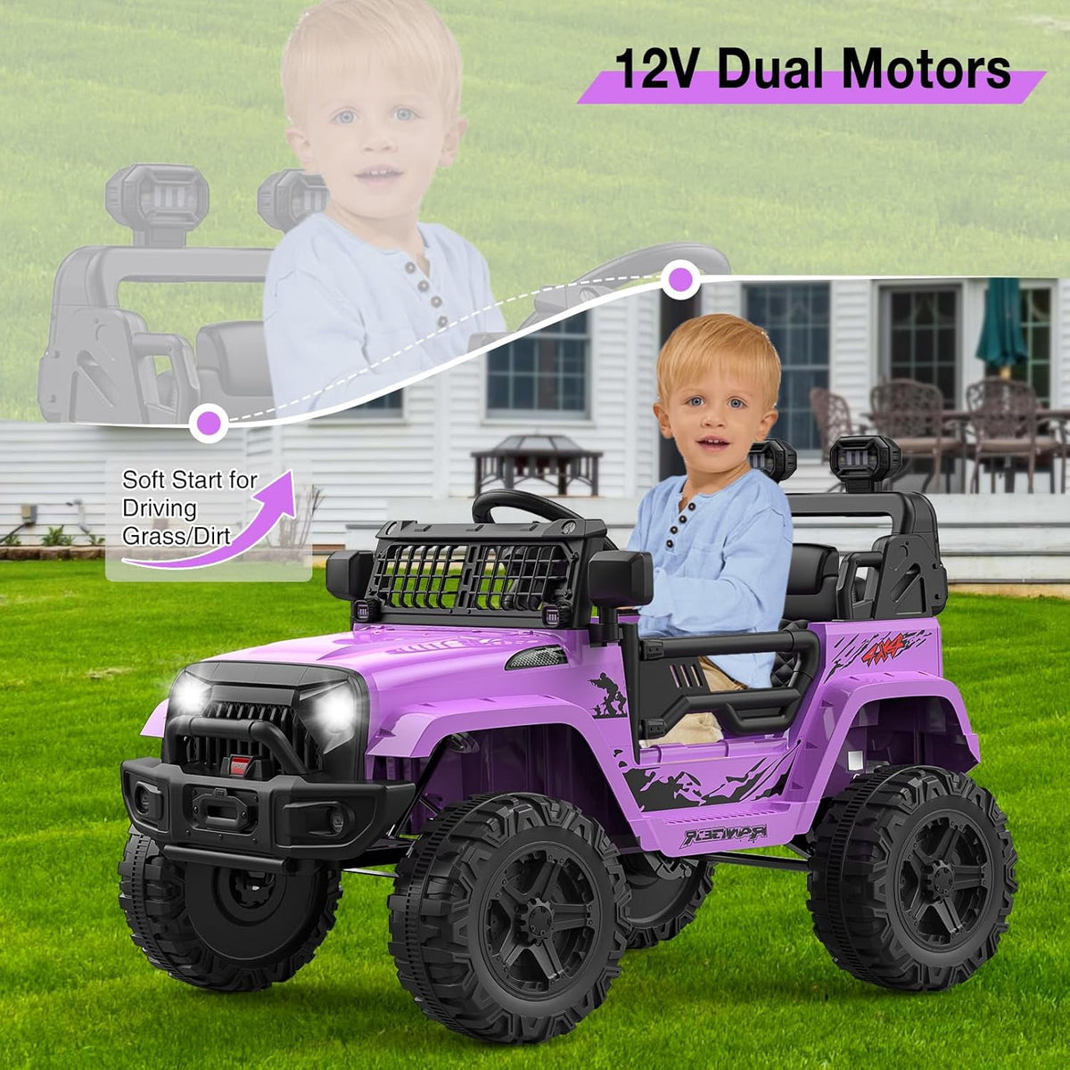 12V Electric Ride On Car with Remote Control, Off Road Ride On Vehicle with Bluetooth, LED Lights, Spring Suspension, Adjustable Seat Belt, All Terrain Tires, 61 lbs Capacity