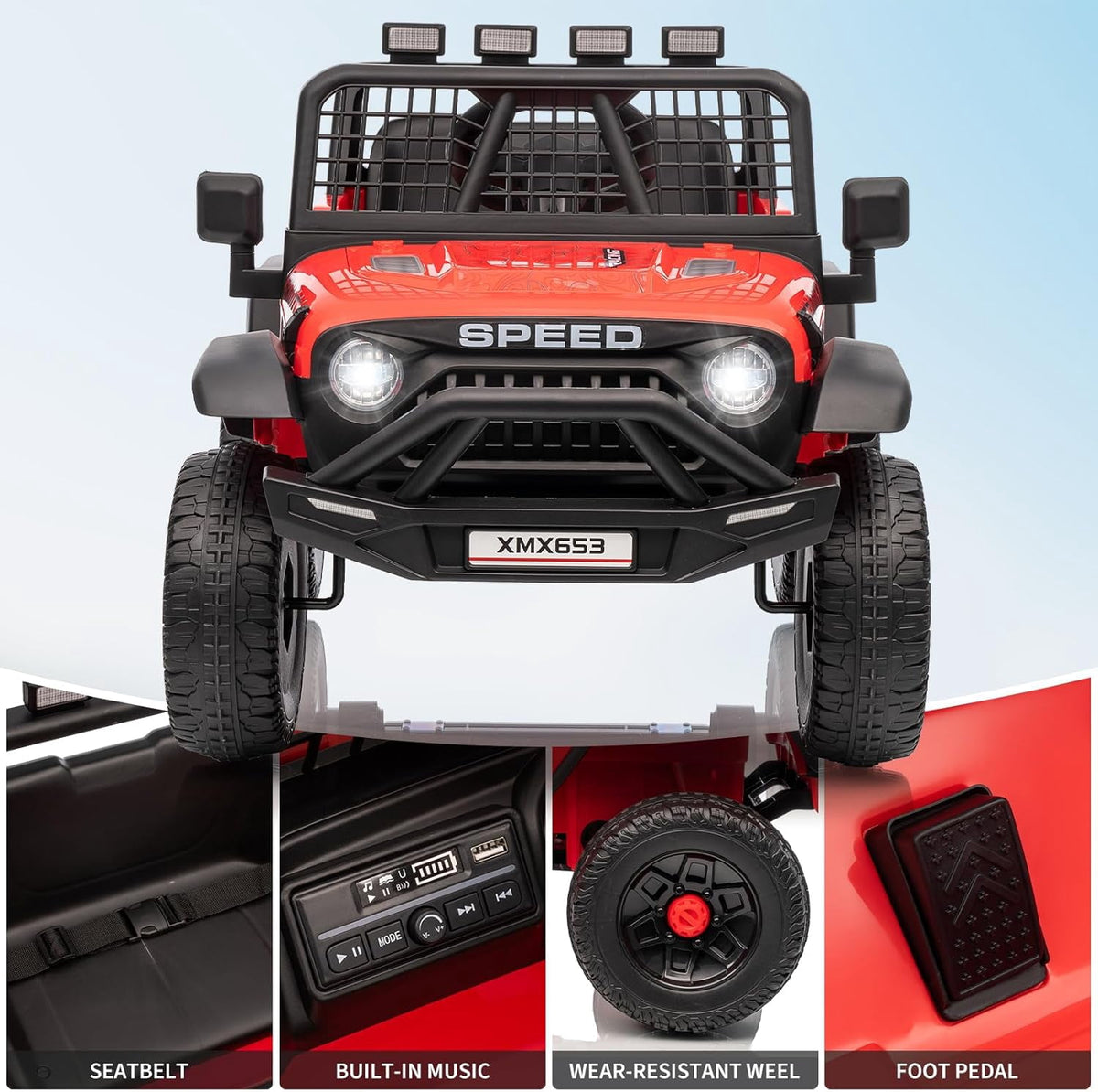 12V Ride-On Electric Car with Remote Control, Extra-Wide 13" Seat, 3 Speeds, 1.6-4.1 MPH, LED Lights, Music, USB, Safety Belt