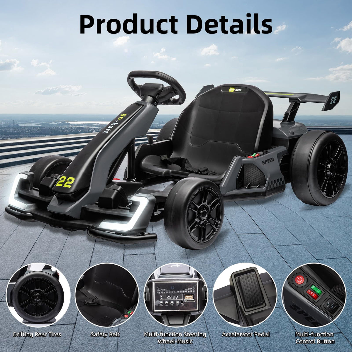 TROPOW Kids Cars Electric Ride On,24V Kids Go Kart,300W Powerful Electric Drift Kart Car with Adjustable Seat,IDE On Toy with 4 Speed Mode,Brake Pedal for Age 6-12,Christmas Gift for Kids,Gray