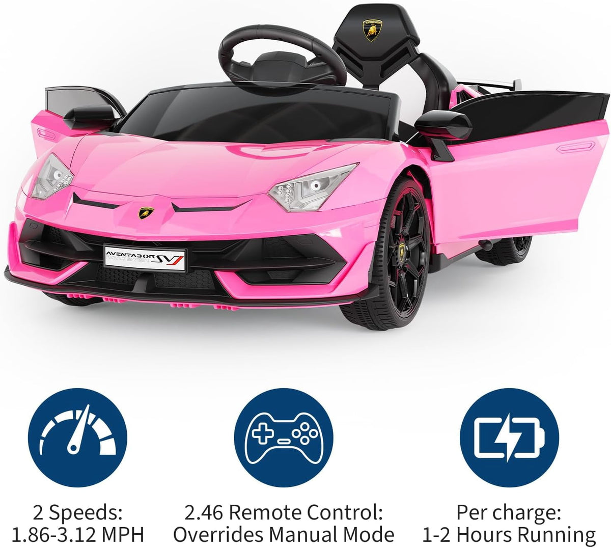 12V Licensed Lamborghini Ride-On Car with Remote Control, LED Lights, Engine Sounds, Bluetooth & USB, Battery Powered Electric Vehicle, Gift Toy for Ages 3-6,Pink