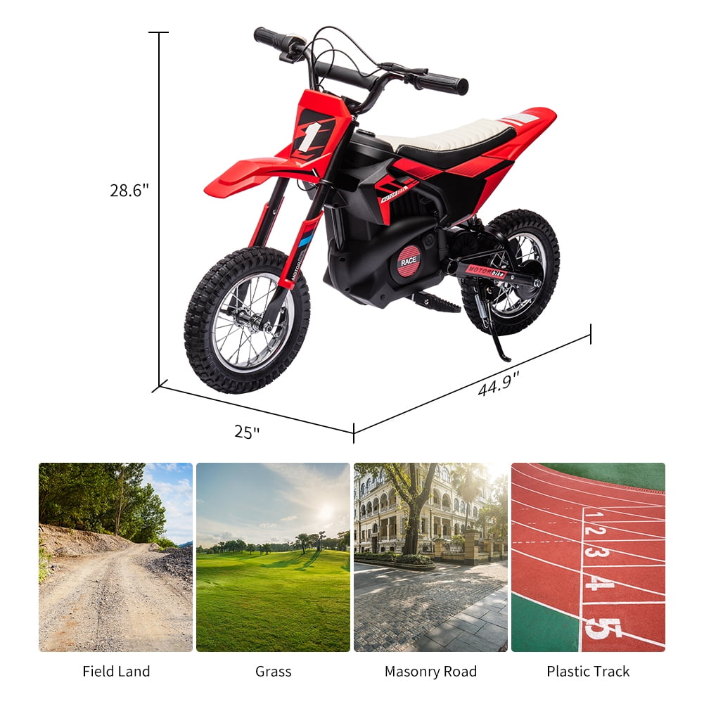 High-Speed 24V 250W Electric Off-Road Motorcycle – 13.6MPH Dirt Bike for Kids & Teens, Leather Seat, Disc Brake, Chain Drive, Air Tires, Twist Throttle, Ages 8-13, Red