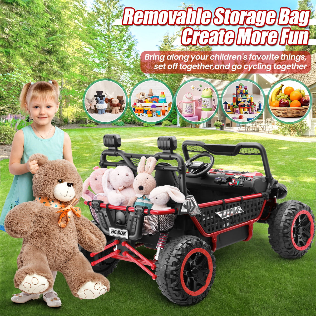 Funcid Metal Frame 24 Volt Ride on Toys, 2-Seater Ride on Cars with Remote Control, Electric Car for Kids, Power UTV Wheels with Key Start, Storage Bag, Bluetooth, Music, Spring Suspension, Pink