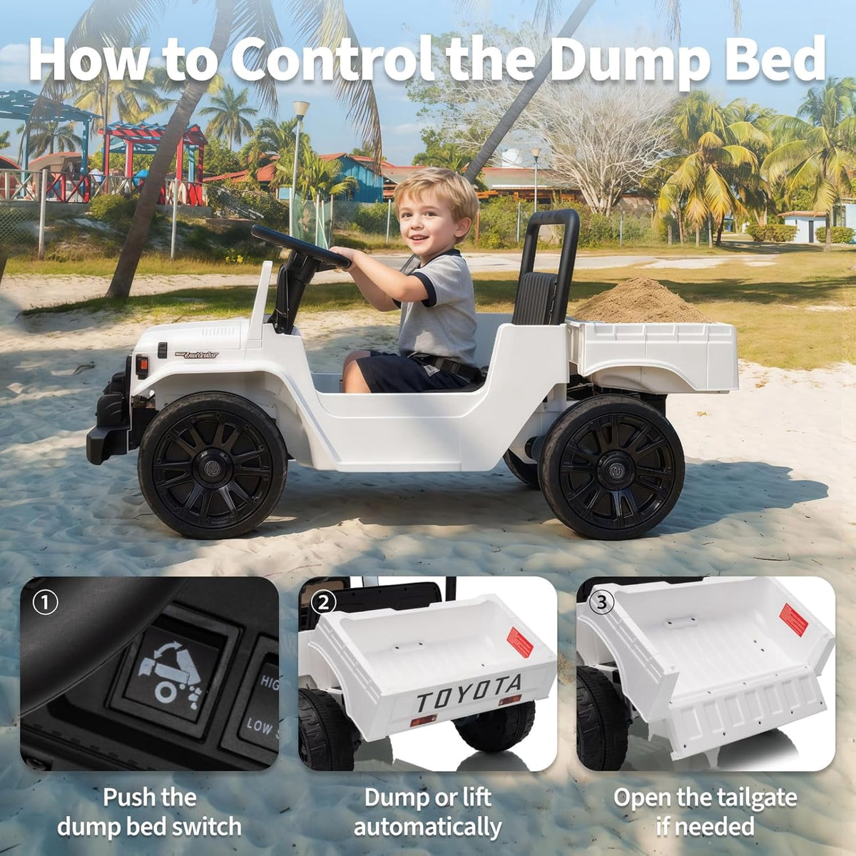 12V Licensed Toyota Ride-On Pickup Truck, Electric Ride-On Car with Remote Control, Lift-Up Dump Bed, Suspension, Bluetooth, Music, 3.73 MPH