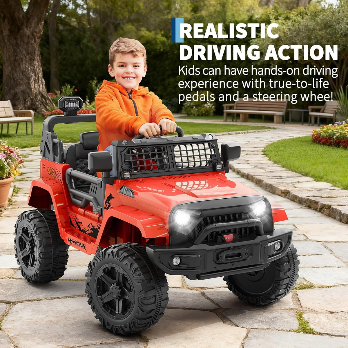 12V Electric Ride On Car with Remote Control, Off Road Ride On Vehicle with Bluetooth, LED Lights, Spring Suspension, Adjustable Seat Belt, All Terrain Tires, 61 lbs Capacity