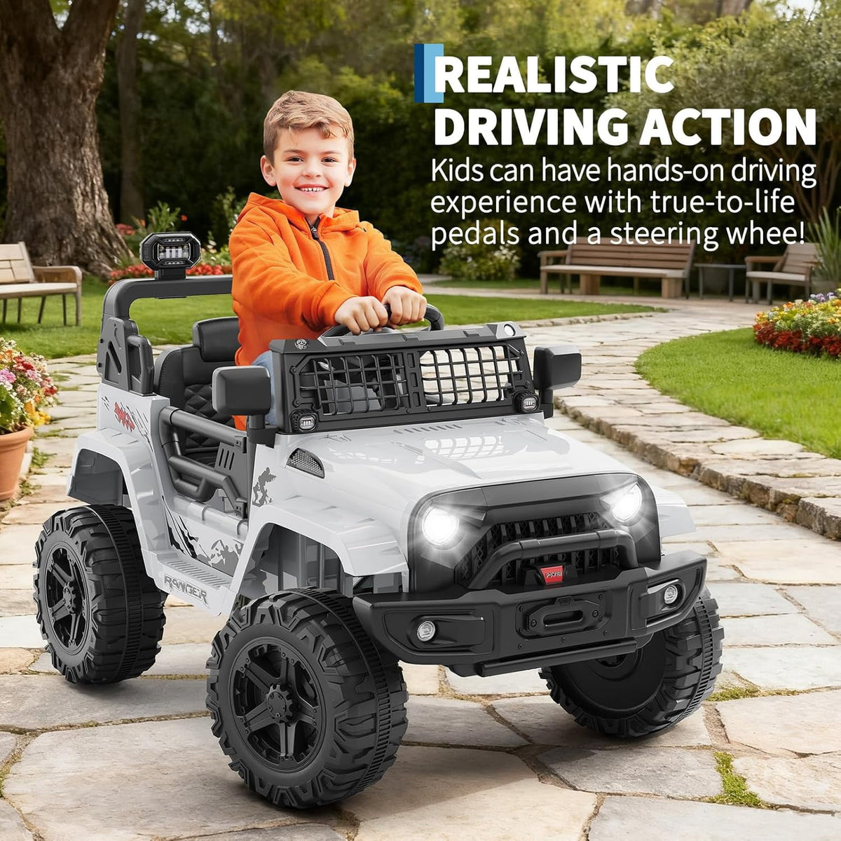 12V Electric Ride On Car with Remote Control, Off Road Ride On Vehicle with Bluetooth, LED Lights, Spring Suspension, Adjustable Seat Belt, All Terrain Tires, 61 lbs Capacity