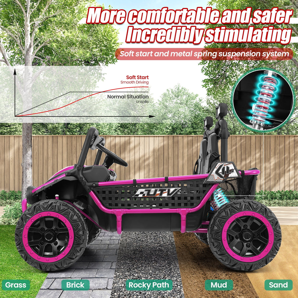 Funcid Metal Frame 24 Volt Ride on Toys, 2-Seater Ride on Cars with Remote Control, Electric Car for Kids, Power UTV Wheels with Key Start, Storage Bag, Bluetooth, Music, Spring Suspension, Pink
