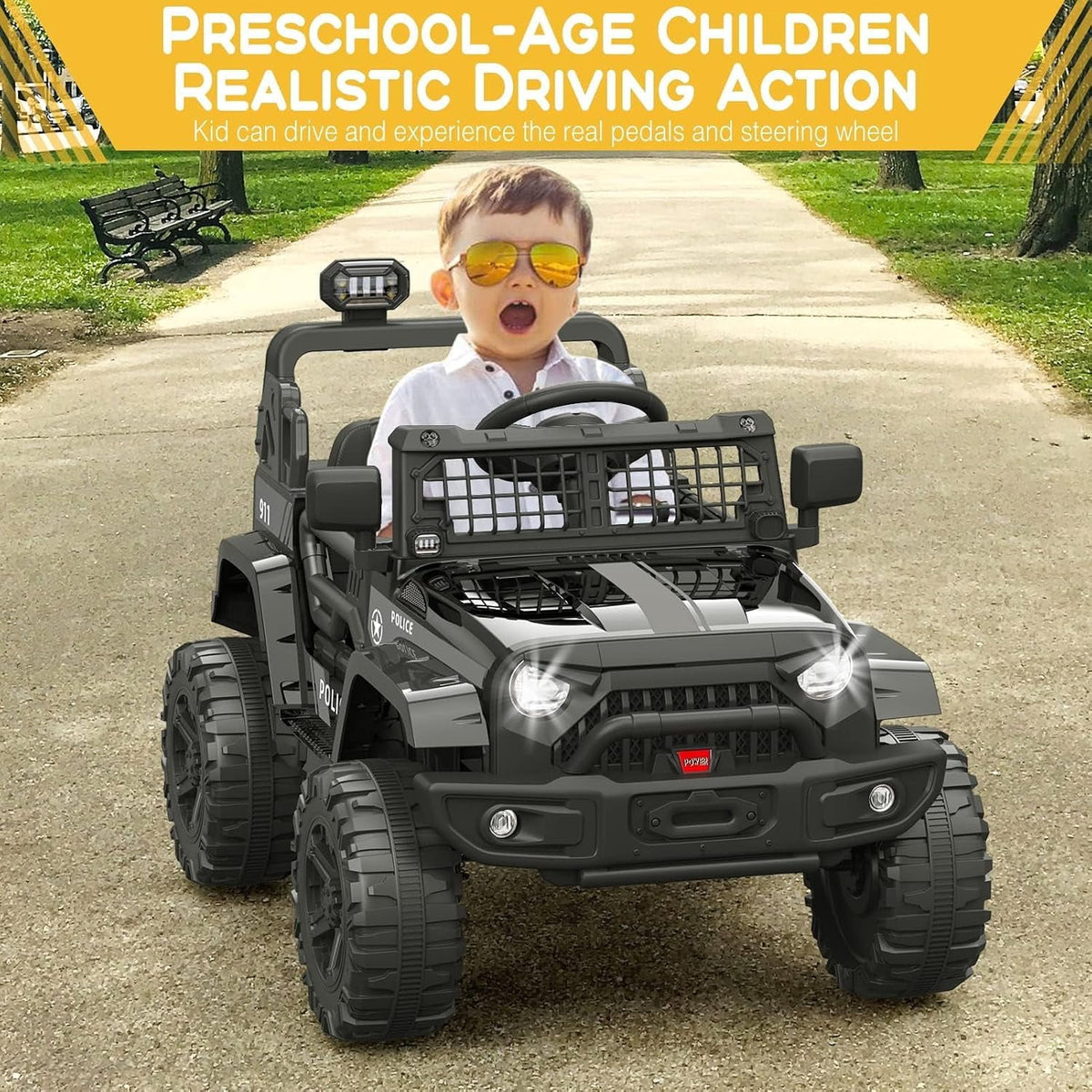 12V Electric Ride-On Car, Remote Control, 2 Speeds, Suspension, LED Lights, Music, Seatbelt, for Ages 3-8,Black