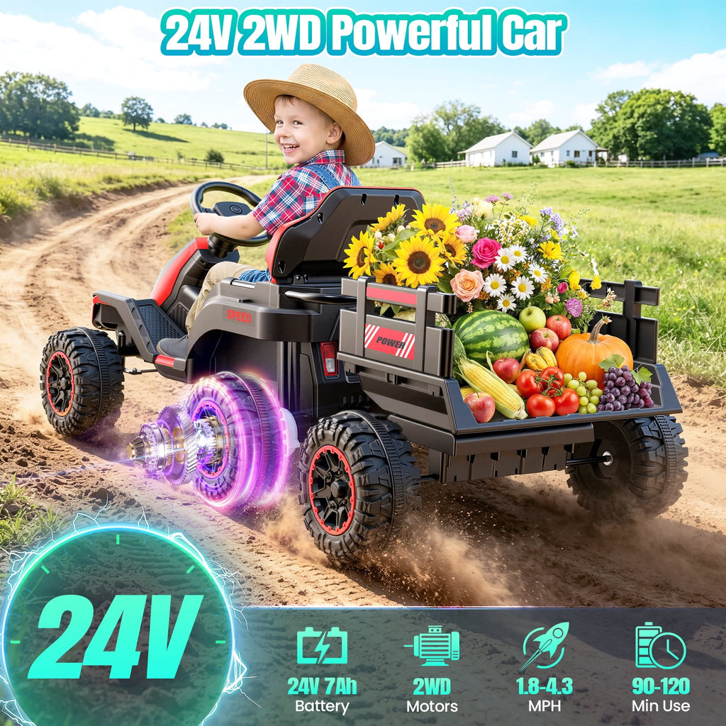 VIBESPARK 24V Ride on Toys with Remote Control, 3 in 1 Ride on Car, Ride on Tractor for Kids with Trailer, 6 Wheel Kids Electric Car w/ Bluetooth, MP3, Music, Green