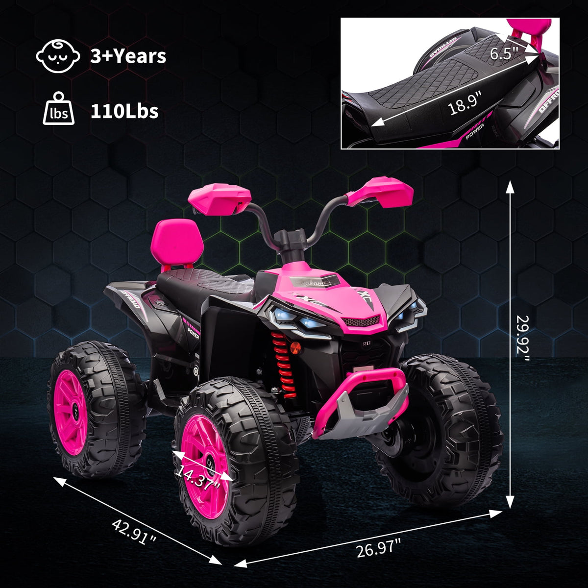 24V 2-Seater Kids Electric ATV Ride-On Toy – Dual 500W Motors, Parent Remote, wireless Audio, USB, LED Headlights, Spring Suspension, Music Player, urgent Brake, Ages 3–8, Pink
