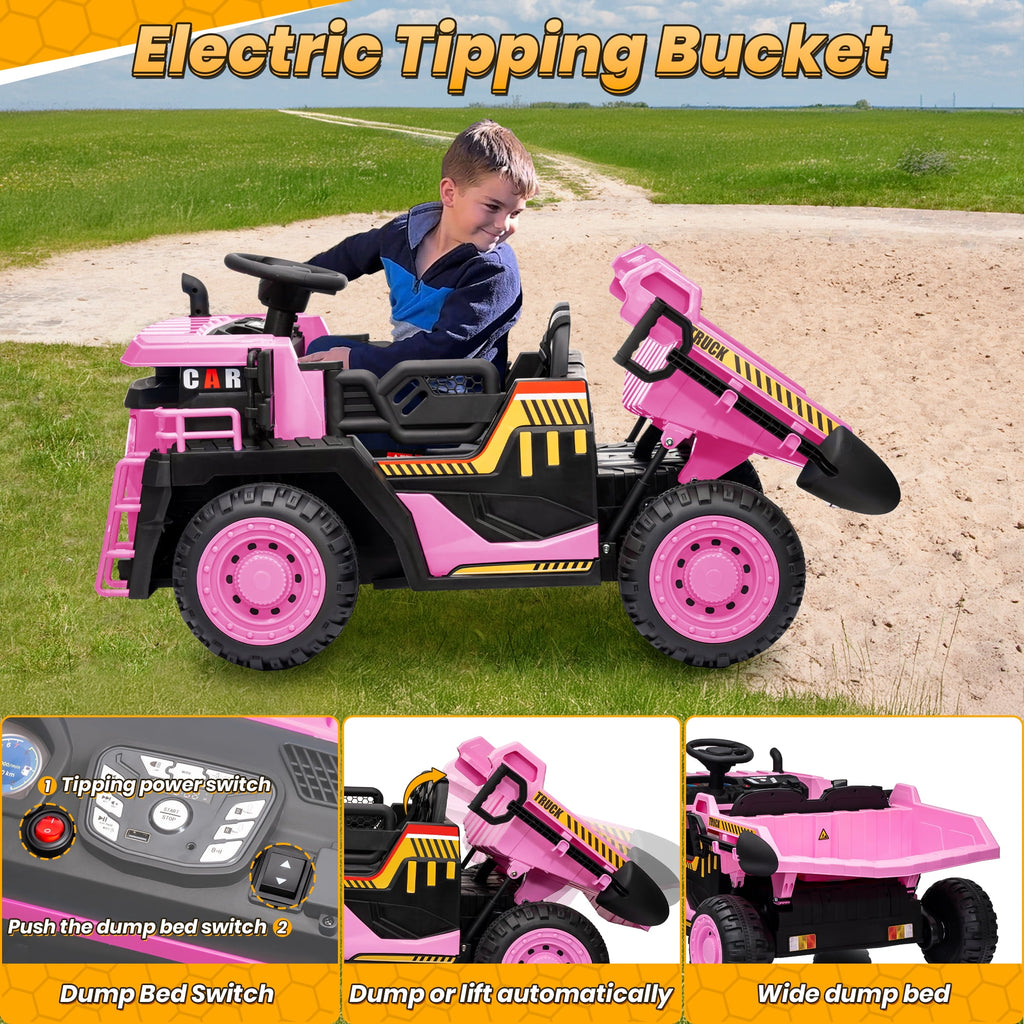 Funride 24V Ride on Toys 2 Seater Ride on Dump Truck w/ Remote Control w/ Dump Bed, 3 Speeds, Shovel, Bluetooth/Music, Big Kids, Yellow