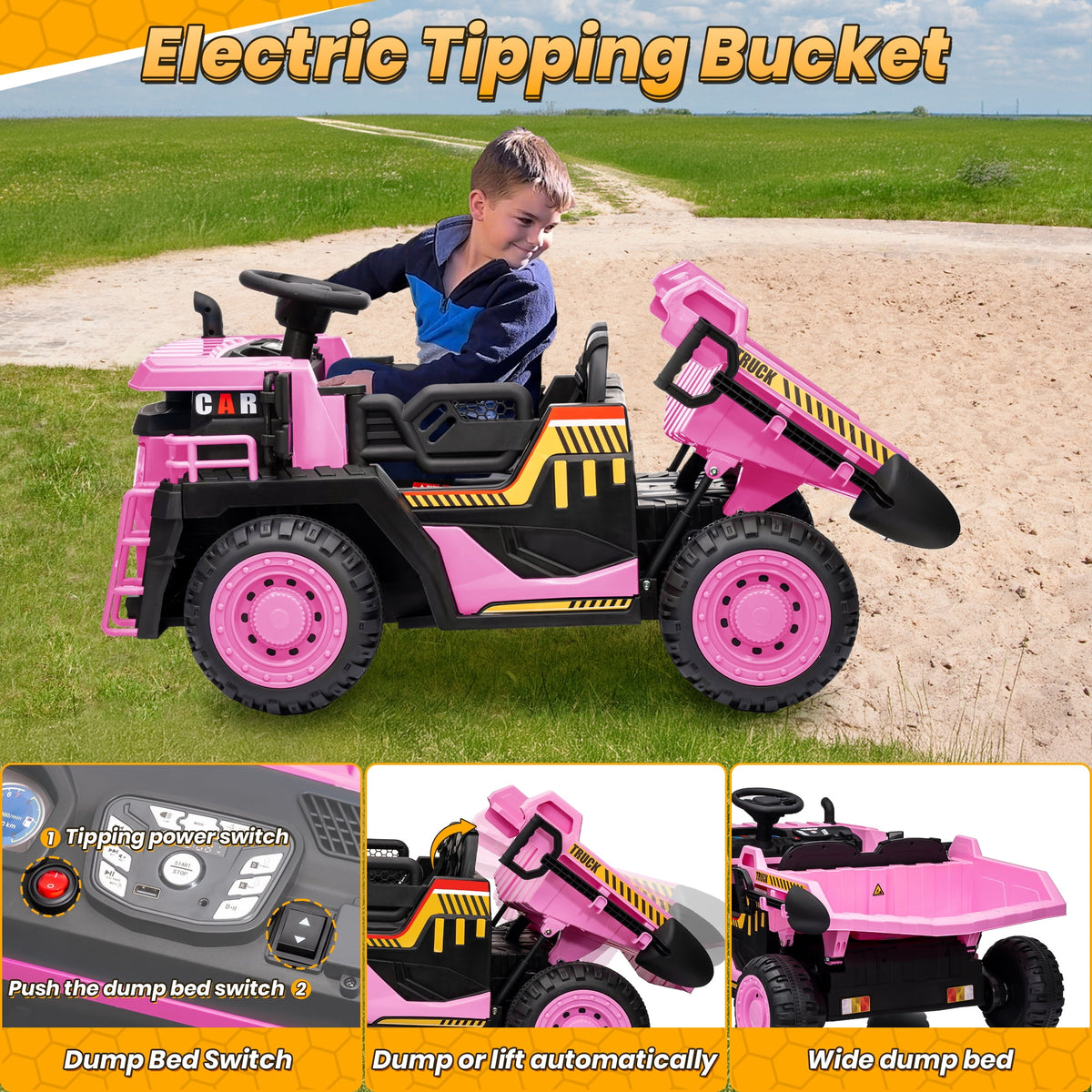 Funride 24V Ride on Toys 2 Seater Ride on Dump Truck w/ Remote Control w/ Dump Bed, 3 Speeds, Shovel, Bluetooth/Music, Big Kids, Yellow