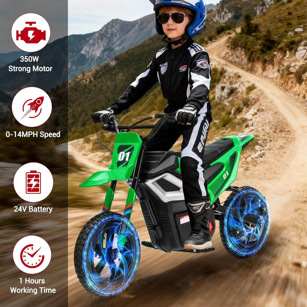 24V Electric Dirt Bike, 350W Ride-On Motorcycle with Rear Suspension, Twist-Grip Throttle, 12-Inch Rubber Tires, 13.67 MPH, 132 Lbs
