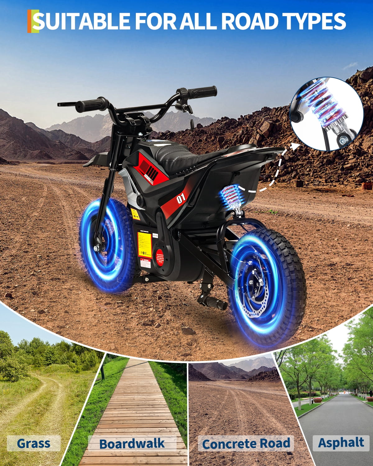24V Kids Electric Dirt Bike, 350W Battery Powered Motorcycle with 12 Inch Fat Tires Rear Suspension Twist Throttle for Teens