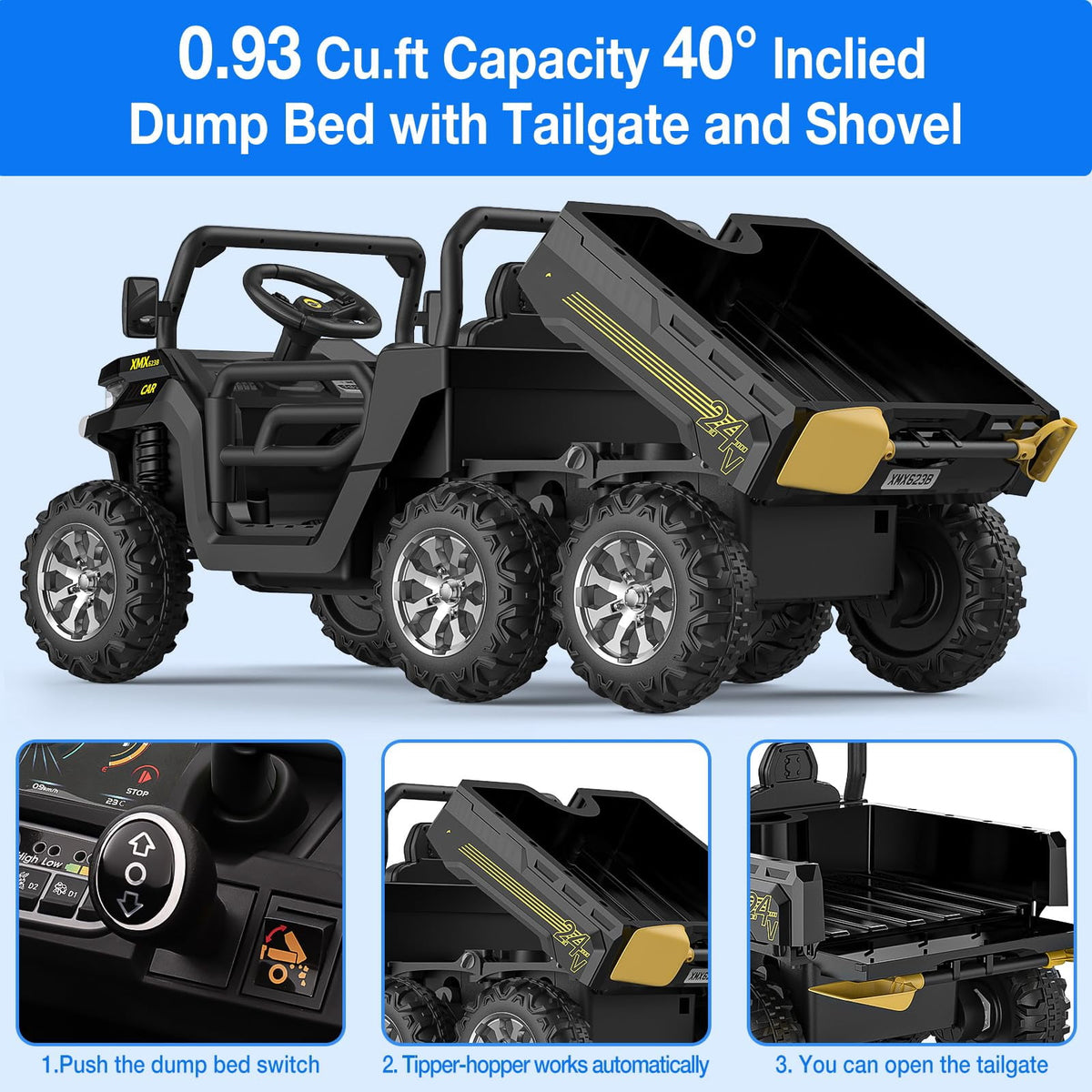 Ride On Dump Truck for Kids Ride On Car with Remote Control Electric UTV Vehicles with Electric Dump Bed, 4WD Power Ride-on 6 Wheels Ride On Toys for Boys Girls
