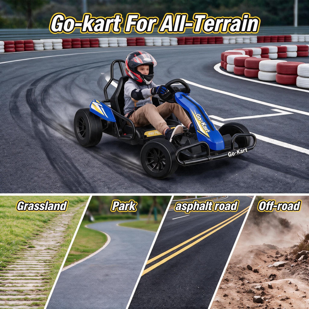VIBESPARK Drift Go Kart, 24V 10AH Electric Go Kart for Kids Ages 6-14, 360° Drift Mode, Ride On Car with Backrest & Adjustable Seat, 300W Dual Motors, Max Speed 7.5mph/h, Blue