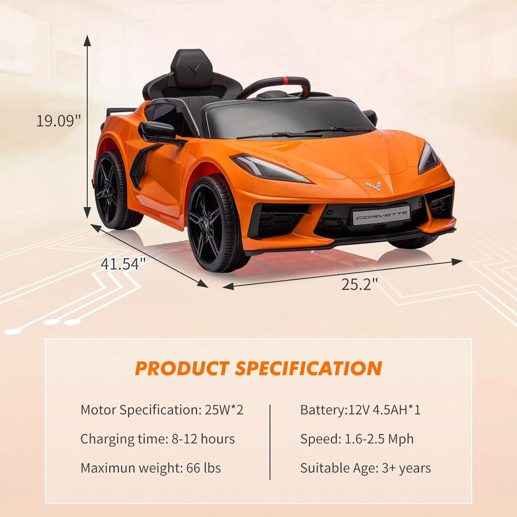 12V Licensed Corvette C8 Ride-On Electric Sports Car, Dual 30W Motors, Remote Control, LED Lights, Music, Openable Doors, 66 lbs