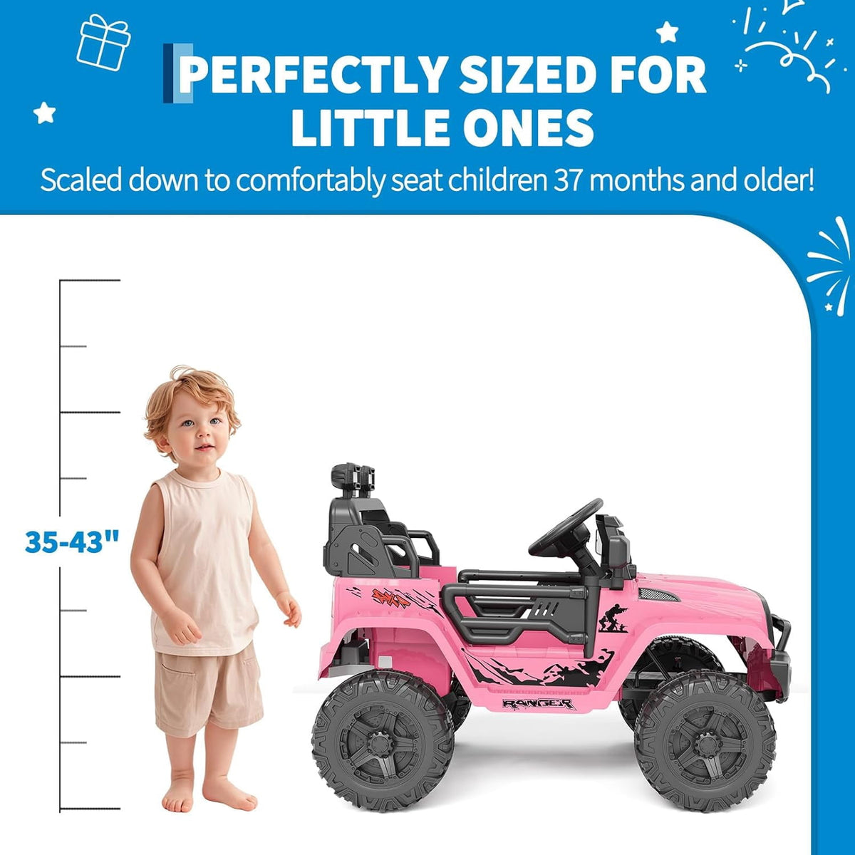 12V Electric Ride On Car with Remote Control, Off Road Ride On Vehicle with Bluetooth, LED Lights, Spring Suspension, Adjustable Seat Belt, All Terrain Tires, 61 lbs Capacity