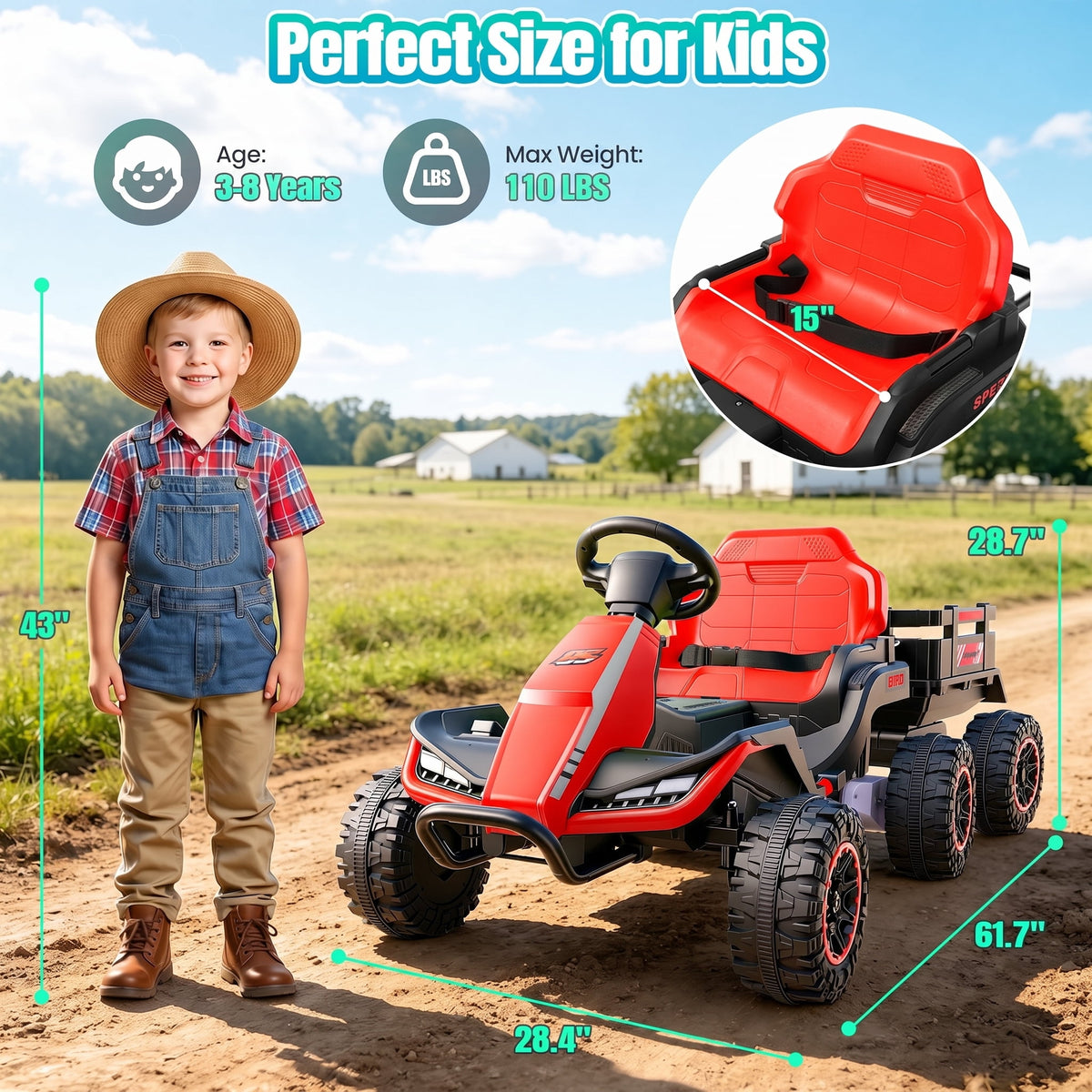 VIBESPARK 24V Ride on Toys with Remote Control, 3 in 1 Ride on Car, Ride on Tractor for Kids with Trailer, 6 Wheel Kids Electric Car w/ Bluetooth, MP3, Music, Green