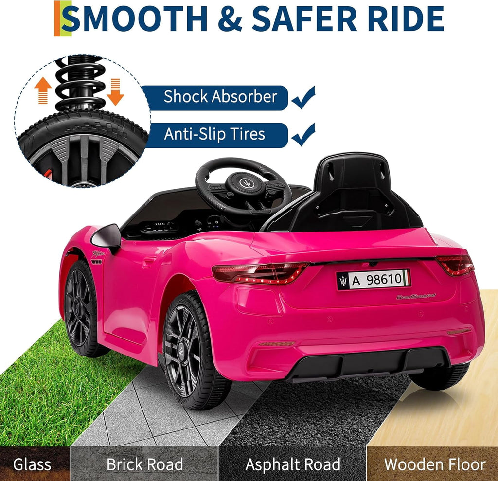 12V Licensed Maserati Ride-On Electric Car, Remote Control, 4.5Ah Battery, LED Lights, Spring Suspension, Double Doors, USB, FM Radio, 2-3 MPH