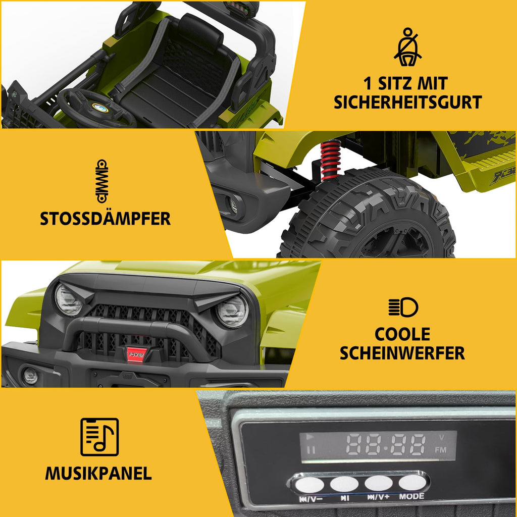 12V Kids Electric Ride-On Truck – Parental Remote Control, Seasonal Suspension, LED Lights, Wireless Connection, 2 Speeds, Standard Test Method Certified, Off-Road Toy Car