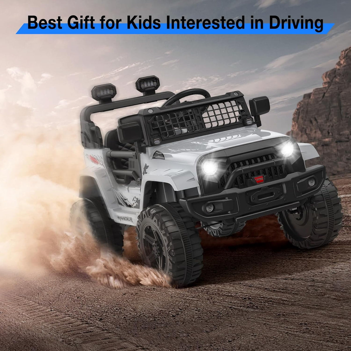 12V Electric Ride On Car with Remote Control, Off Road Ride On Vehicle with Bluetooth, LED Lights, Spring Suspension, Adjustable Seat Belt, All Terrain Tires, 61 lbs Capacity