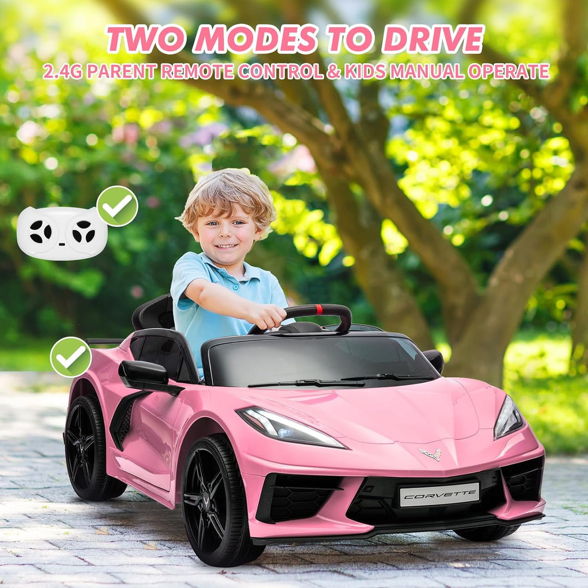 12V Licensed Corvette C8 Ride-On Electric Sports Car, Dual 30W Motors, Remote Control, LED Lights, Music, Openable Doors, 66 lbs