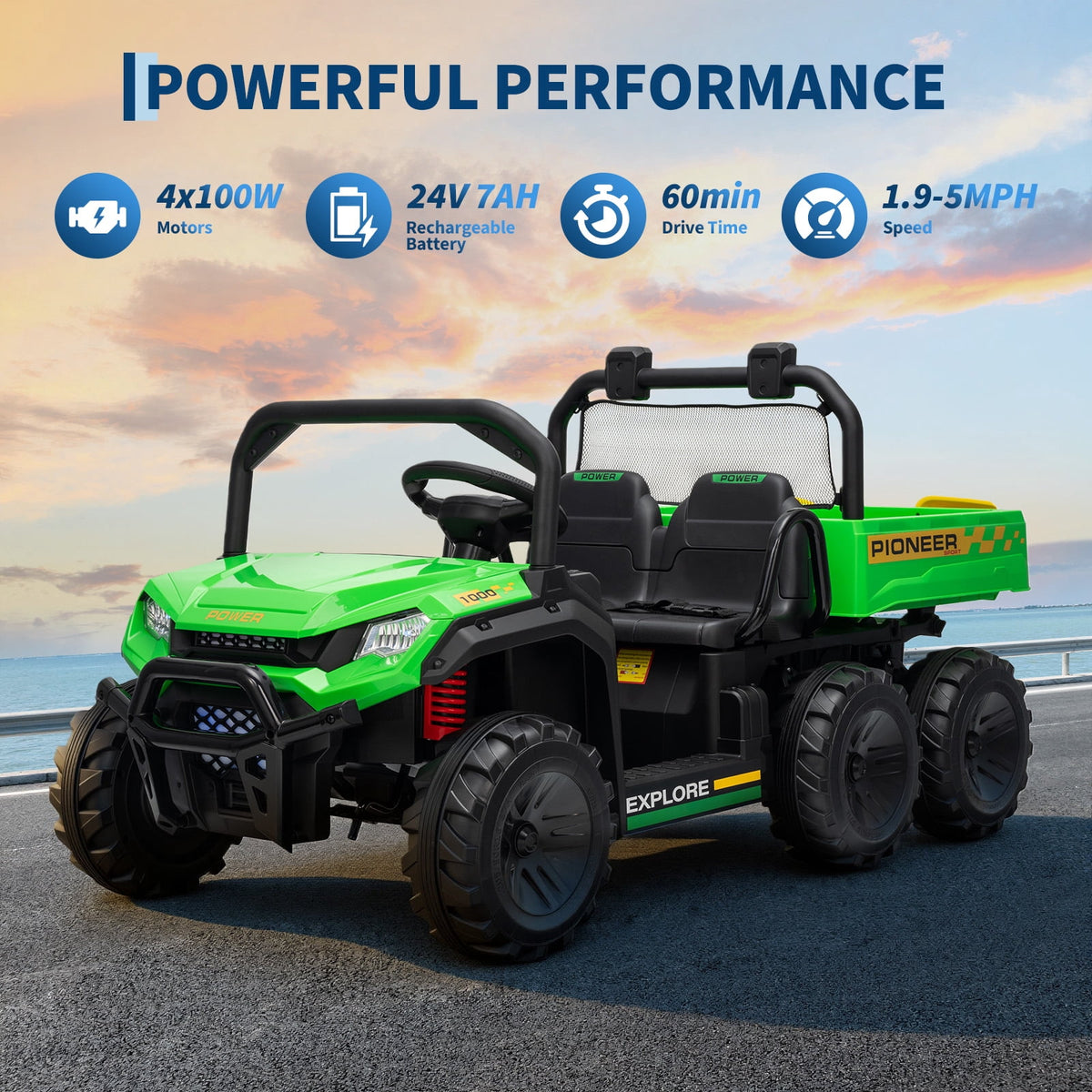 24V 4WD 2-Seater Kids Electric Ride-On Dump Truck – Remote Control, Working Dump Bed, 3 Speed Modes, Music Player, All-Terrain Off-Road Vehicle Toy for Boys & Girls Ages 3-8, Green