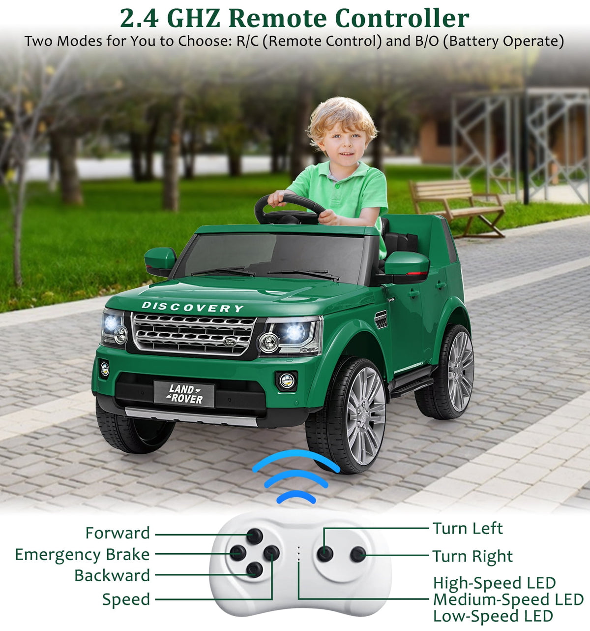 Licensed Land Rover 2-Seater 12V/24V Electric Ride-On Car for Kids Ages 3-8 - Remote Control, MP3, LED Lights, Adjustable Speeds, Shock Absorbers, Safety Seat Belts - Green