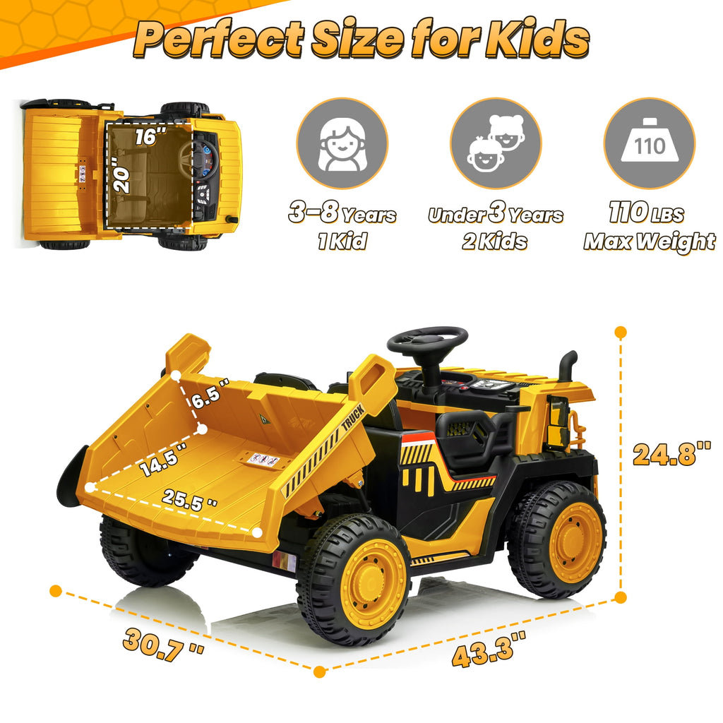 24 Volt Ride on Toys w/ Remote Control, 2*200W Strong Motor, Electric Powered Ride on Dump Truck with Shovel, 3 Speeds, LED Lights, MP3/USB Music, Blue