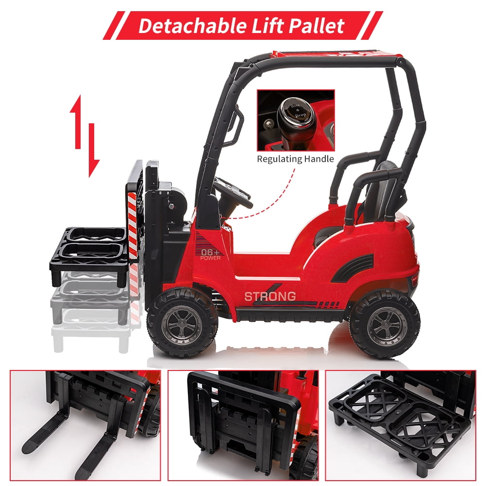 12V Kids Ride On Forklift Car with Tent and Remote Control – Liftable Fork & Pallet – Music, USB, MP3, Low Power Alarm, High/Low Speed – Construction Electric Vehicle Toy – Red