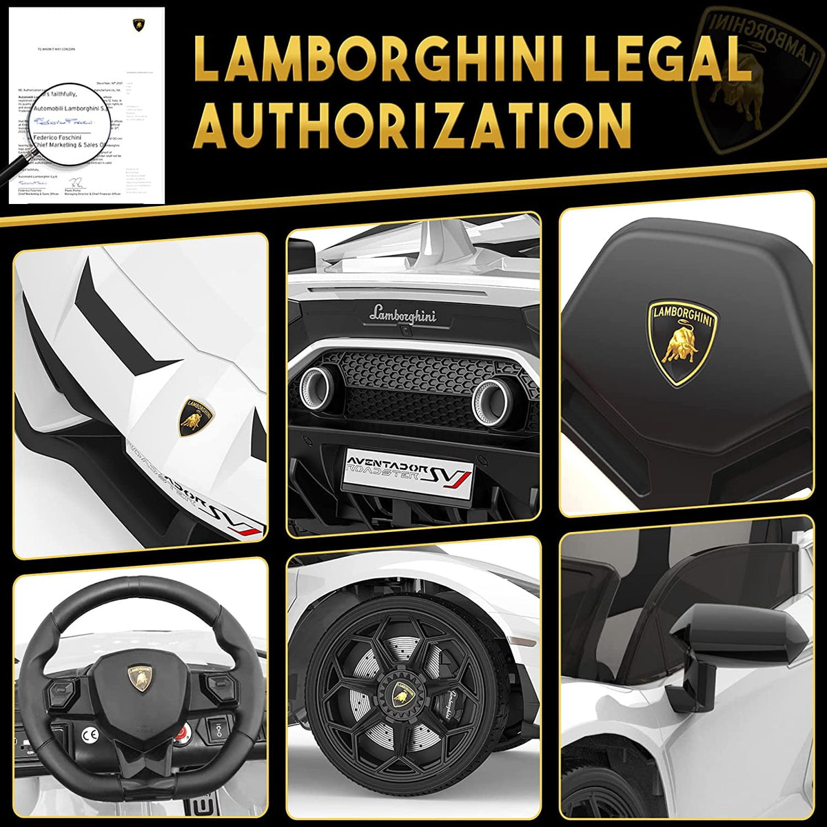 12V Licensed Sports Car Ride On Vehicle with Remote Control, Electric Ride On Car with Bluetooth, Hydraulic Swing Doors, LED Lights, Dual 25W Motors, USB/AUX/TF Audio