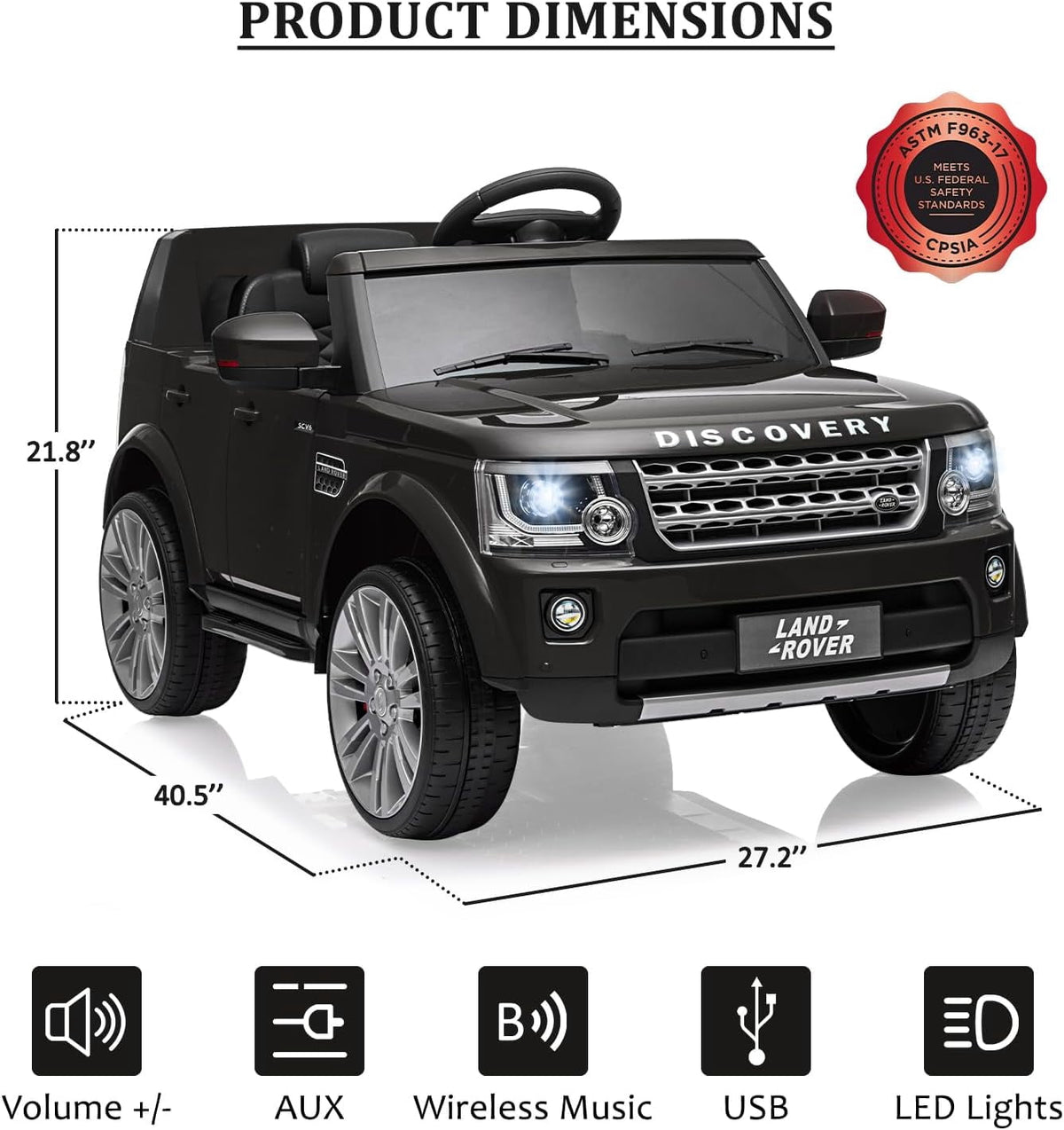 12V Licensed Land Rover Ride-On Car, 2x25W Motors, 4.5Ah Battery, 3 Speeds up to 4.5 MPH, Parent Remote, Spring Suspension, LED Lights