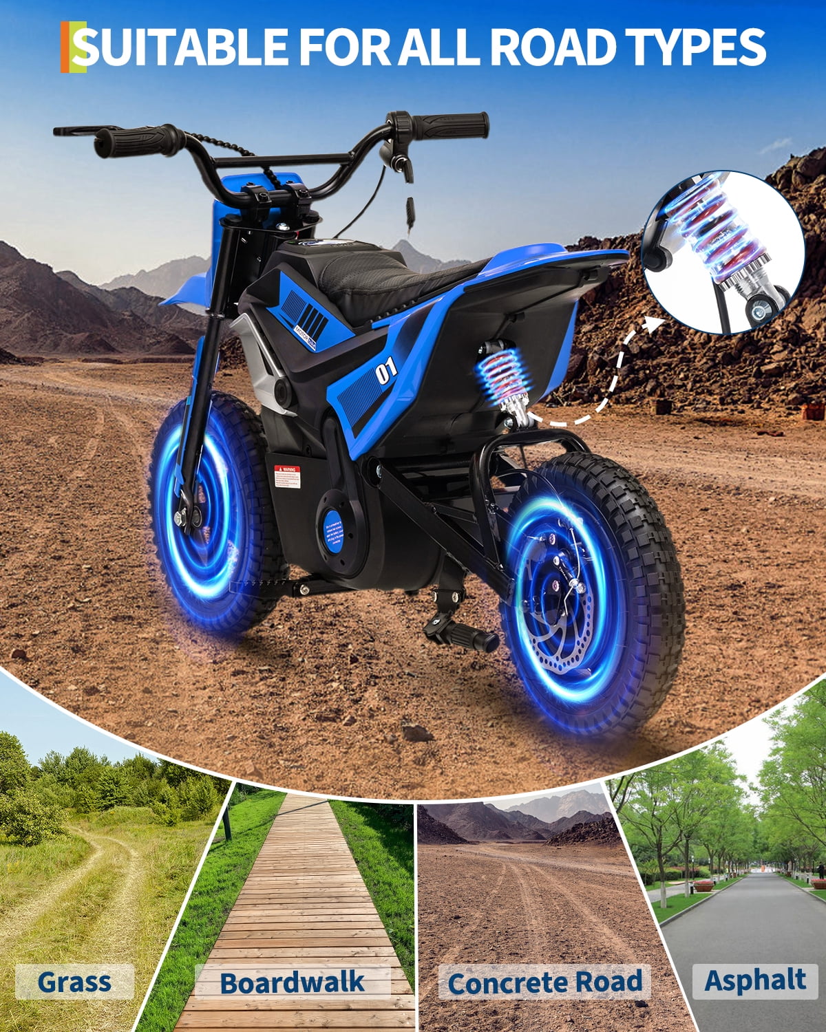 24V Kids Electric Dirt Bike, 350W Battery Powered Motorcycle with 12 Inch Fat Tires Rear Suspension Twist Throttle for Teens