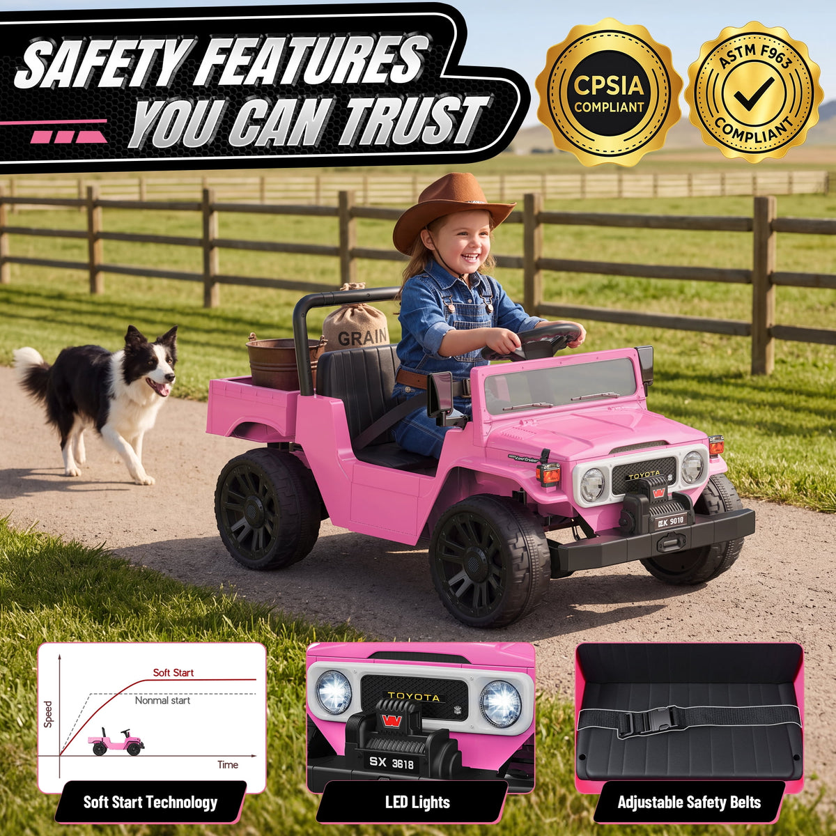 24V Ride On Dump Truck for Kids, Licensed Toyota Land Cruiser FJ45 Power Car Wheels Ride On Toy with Electric Dump Bed, Parent Remote Control, Music, LED Lights, Birthday Gift for Kids Ages 3-6, Blue
