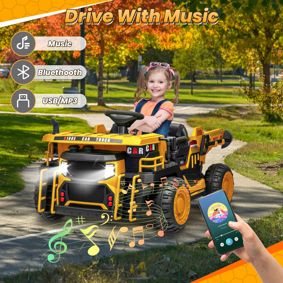 24 Volt Ride on Toys w/ Remote Control, 2*200W Strong Motor, Electric Powered Ride on Dump Truck with Shovel, 3 Speeds, LED Lights, MP3/USB Music, Blue